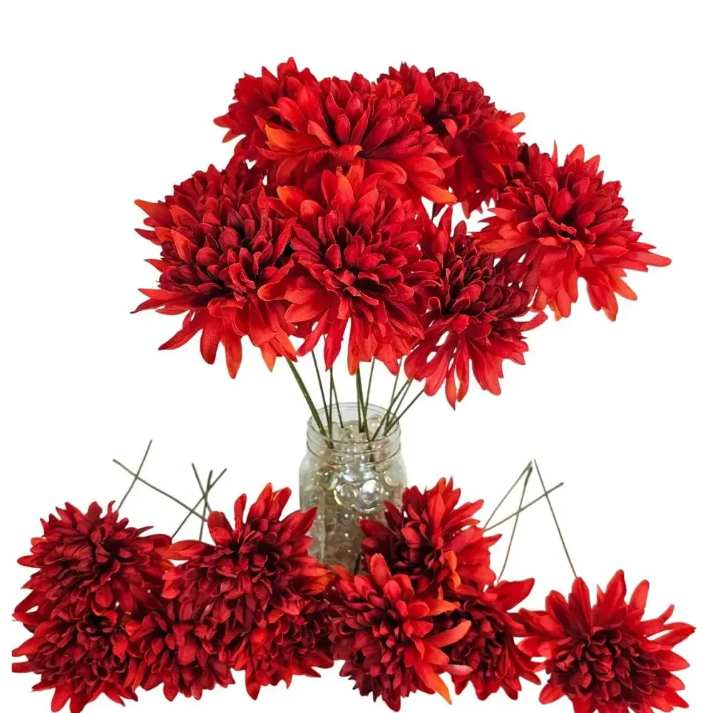 Red Artificial Chrysanthemum Mum Flowers 16 Stems Silk Floral Fall Decor